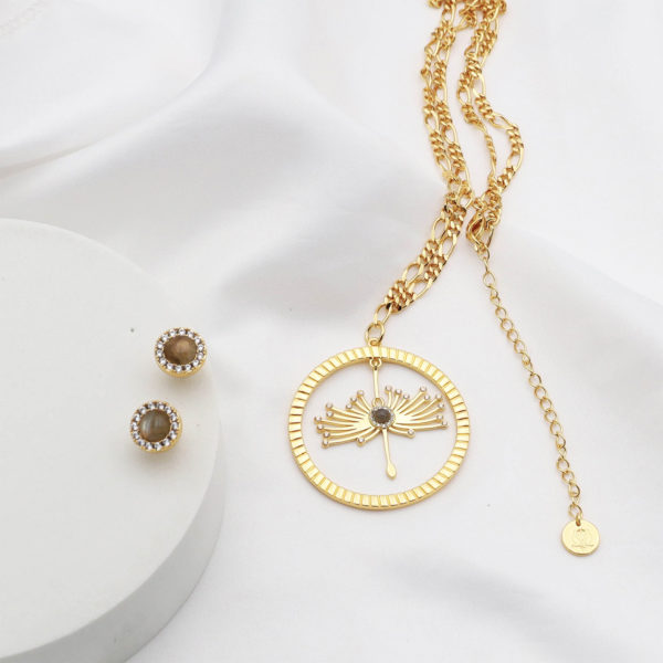 18K Gold Plated Dandelion Medallion + Moonstone Studs Set
